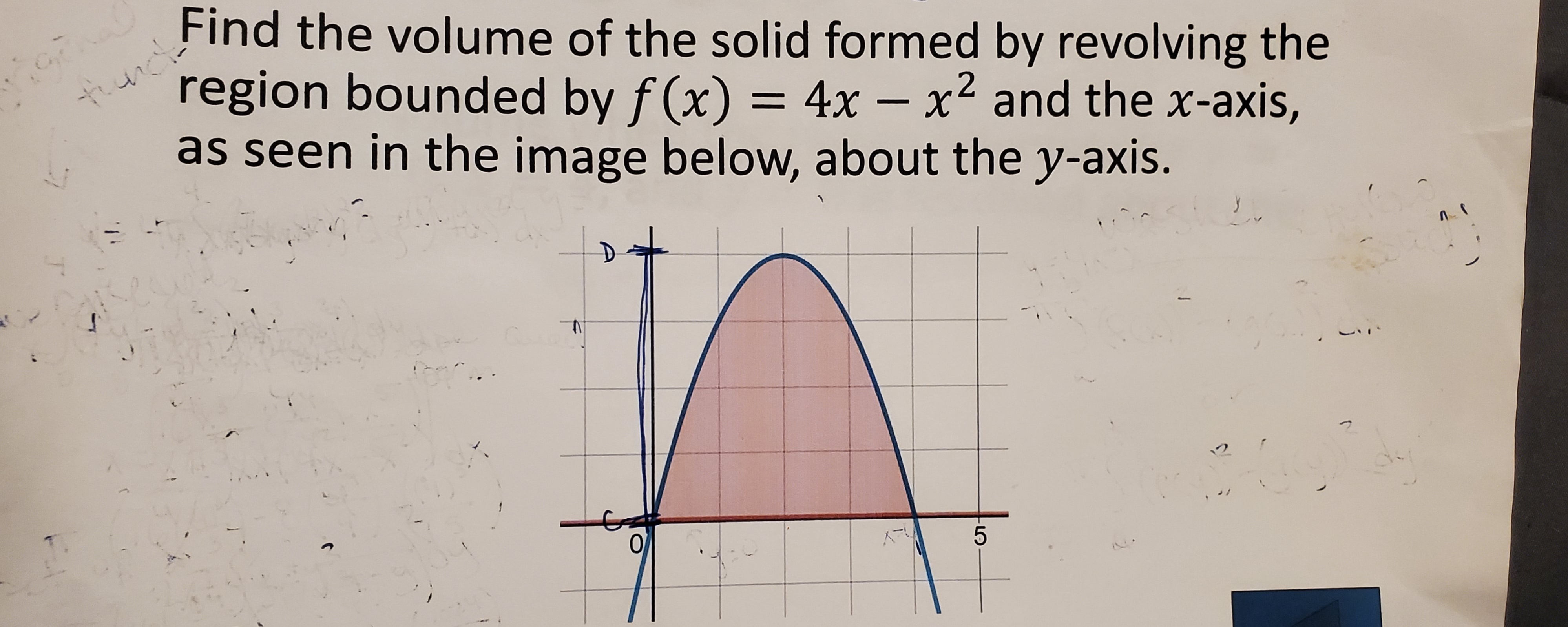 Find the volume of the solid formed by revolving the
region bounded by f (x) = 4x – x² and the x-axis,
as seen in the image below, about the y-axis.
1
