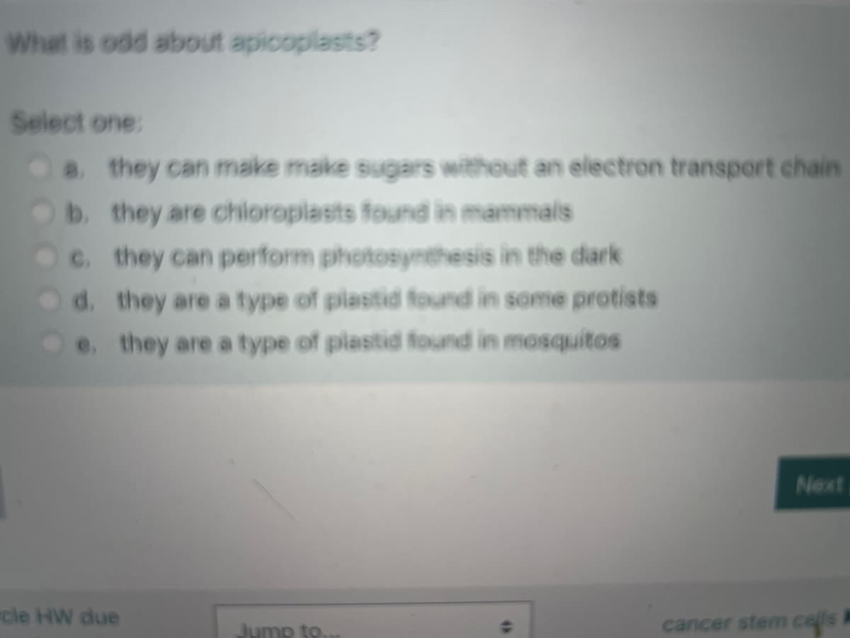 What is odd about apicoplasts?
Select one:
a. they can make make sugars without an electron transport chain
b. they are chloroplasts found in mammals
c. they can perform photosynthesis in the dark
d. they are a type of plastid found in some protists
e. they are a type of plastid found in mosquitos
cle HW due
Jump to.
(5
Next
cancer stem cells