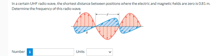 In a certain UHF radio wave, the shortest distance between positions where the electric and magnetic fields are zero is 0.81 m.
Determine the frequency of this radio wave.
E
Number
Units
B