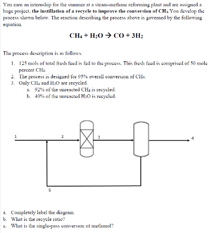 You cam an internship for the summer at a steam-methane reforming plant and are assigned a
huge project, the instillation of a recycle to improve the conversion of CH4 You develop the
process shown below. The reaction describing the process above is govemed by the following
equation
CH4 + H20 → CO + 3H2
The process deseription is as follows.
1. 125 mols of total fresh feed is fed to the process. This fresh feed is comprised of 50 mole
percent CH4.
2. The process is designed for 95% overall conversion of CH4.
3. Only CHa and H;0 are recycled.
a. 92% of the unreacted CH4 is recycled.
b. 40% of the unreacted H20 is recycled.
a. Completely label the diagram.
b. What is the recycle ratio?
e. What is the single-pass conversion of methanol?
