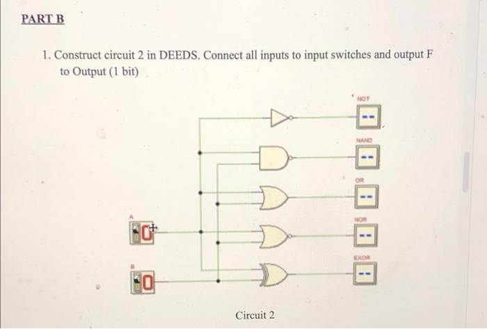 PART B
1. Construct circuit 2 in DEEDS. Connect all inputs to input switches and output F
to Output (1 bit)
NAND
Circuit 2
