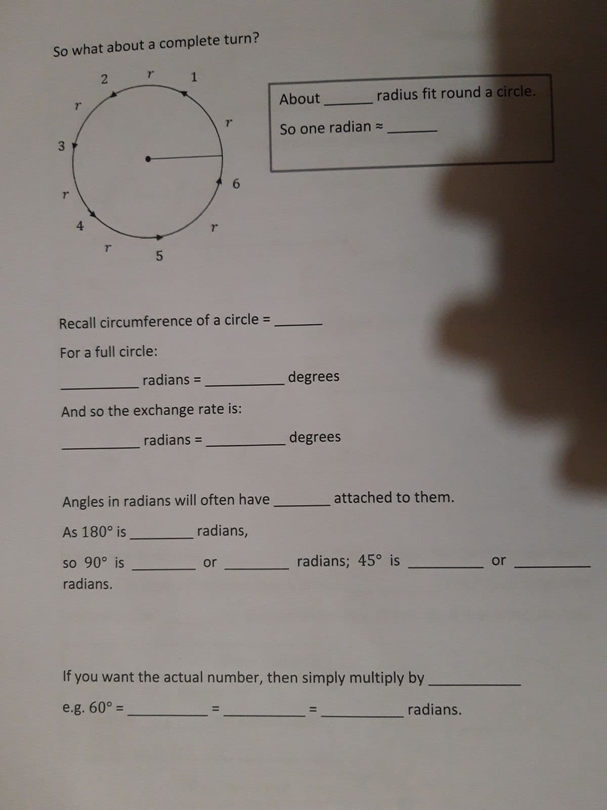 So what about a complete turn?
3
2
1
1
Recall circumference of a circle=
For a full circle:
radians =
And so the exchange rate is:
radians =
or
=
Angles in radians will often have
As 180° is
radians,
so 90° is
radians.
About
So one radian =
degrees
radius fit round a circle.
degrees
attached to them.
radians; 45° is
If you want the actual number, then simply multiply by
e.g. 60° =
radians.
or