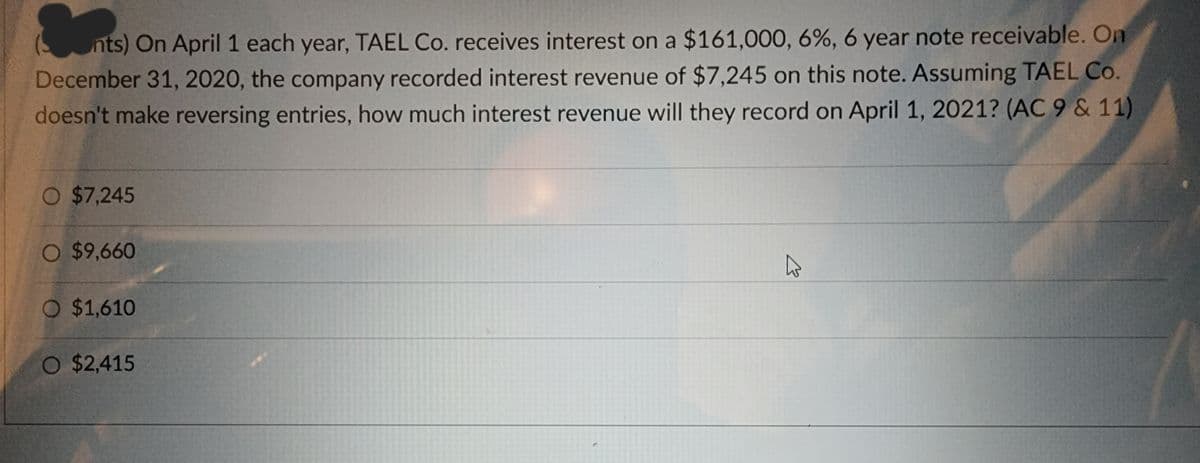 3
nts) On April 1 each year, TAEL Co. receives interest on a $161,000, 6%, 6 year note receivable. On
December 31, 2020, the company recorded interest revenue of $7,245 on this note. Assuming TAEL Co.
doesn't make reversing entries, how much interest revenue will they record on April 1, 2021? (AC 9 & 11)
O $7,245
O $9,660
O $1,610
O $2,415
K
