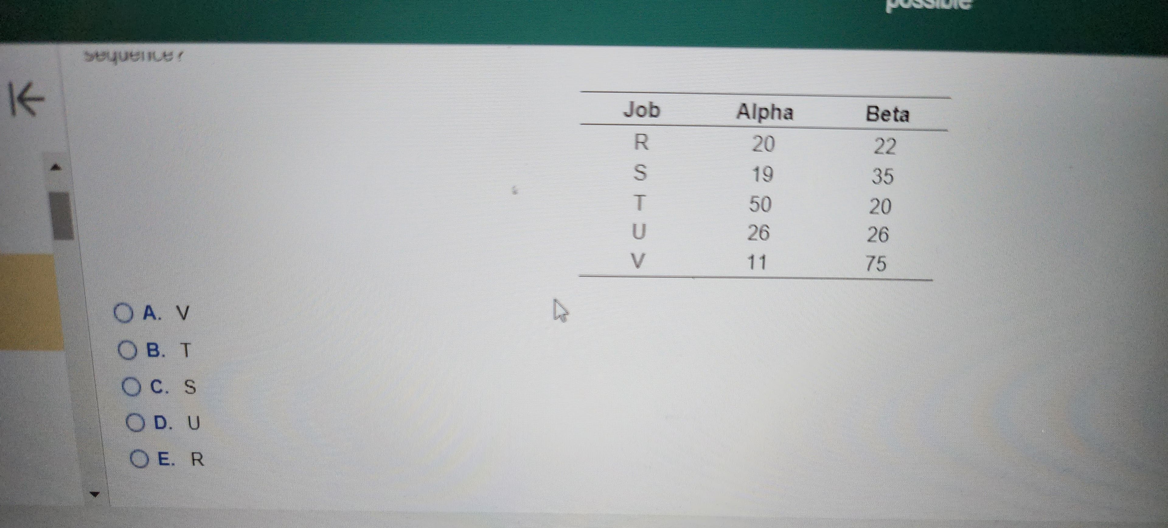 K
sequence?
OA. V
OB. T
O C. S
OD. U
OE. R
Job
RSTU>
V
Alpha
20
19
50
26
11
Beta
22
35
20
26
75