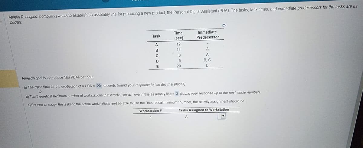 Amelio Rodriguez Computing wants to establish an assembly line for producing a new product, the Personal Digital Assistant (PDA). The tasks, task times, and immediate predecessors for the tasks are as
follows:
Task
A
BCDE
Time
(sec)
12
14
Workstation #
1
8
5
20
Amelio's goal is to produce 180 PDAs per hour.
a) The cycle time for the production of a PDA = 20 seconds (round your response to two decimal places).
Immediate
Predecessor
A
A
B, C
D
b) The theoretical minimum number of workstations that Amelio can achieve in this assembly line = 3 (round your response up to the next whole number).
c) For one to assign the tasks to the actual workstations and be able to use the "theoretical minimum" number, the activity assignment should be:
Tasks Assigned to Workstation
A