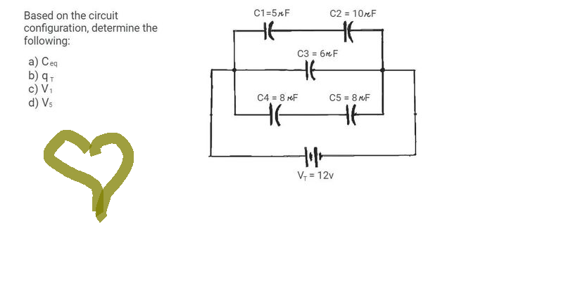Based on the circuit
configuration, determine the
following:
a) Ceq
b) q1
c) V1
d) Vs
จ
C1=5&F
se
C4 = 8 MF
He
C2 = 10F
He
C5 = 8/F
HE
C3 = 6F
Ht
400-
V+ = 12v