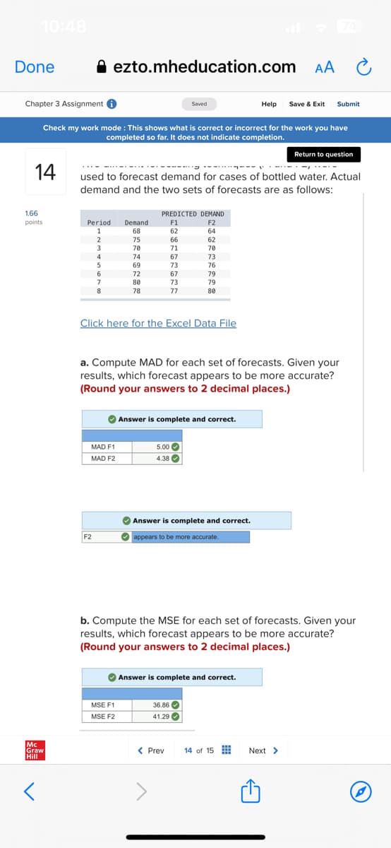 10:48
Done
Chapter 3 Assignment i
Help Save & Exit Submit
Check my work mode: This shows what is correct or incorrect for the work you have
completed so far. It does not indicate completion.
14
1.66
points
Mc
Graw
Hill
<
Period
1
ezto.mheducation.com AA
used to forecast demand for cases of bottled water. Actual
demand and the two sets of forecasts are as follows:
2
3
4
5
6
7
8
F2
Demand
68
75
70
74
69
72
80
78
MAD F1
MAD F2
Click here for the Excel Data File
PREDICTED DEMAND
F1
F2
62
64
66
62
71
70
67
73
73
76
79
79
80
67
73
77
a. Compute MAD for each set of forecasts. Given your
results, which forecast appears to be more accurate?
(Round your answers to 2 decimal places.)
MSE F1
MSE F2
Saved
✔Answer is complete and correct.
5.00✔
4.38✔
✔Answer is complete and correct.
appears to be more accurate.
b. Compute the MSE for each set of forecasts. Given your
results, which forecast appears to be more accurate?
(Round your answers to 2 decimal places.)
✔Answer is complete and correct.
36.86✔✔
41.29✔
< Prev
Return to question
14 of 15
Next >
P