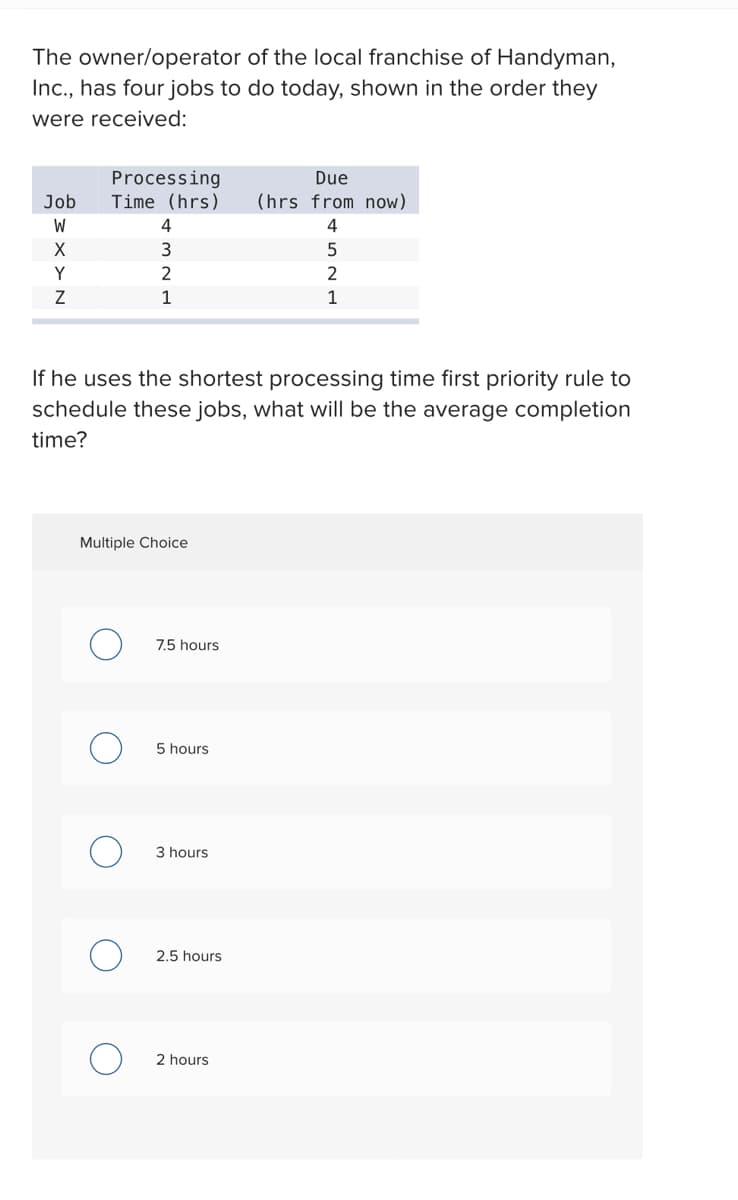 The owner/operator of the local franchise of Handyman,
Inc., has four jobs to do today, shown in the order they
were received:
Job
W
X
Y
Z
Processing
Time (hrs)
4
3
2
1
Multiple Choice
If he uses the shortest processing time first priority rule to
schedule these jobs, what will be the average completion
time?
O
7.5 hours
5 hours
3 hours
2.5 hours
Due
(hrs from now)
4
2 hours
5
2
1