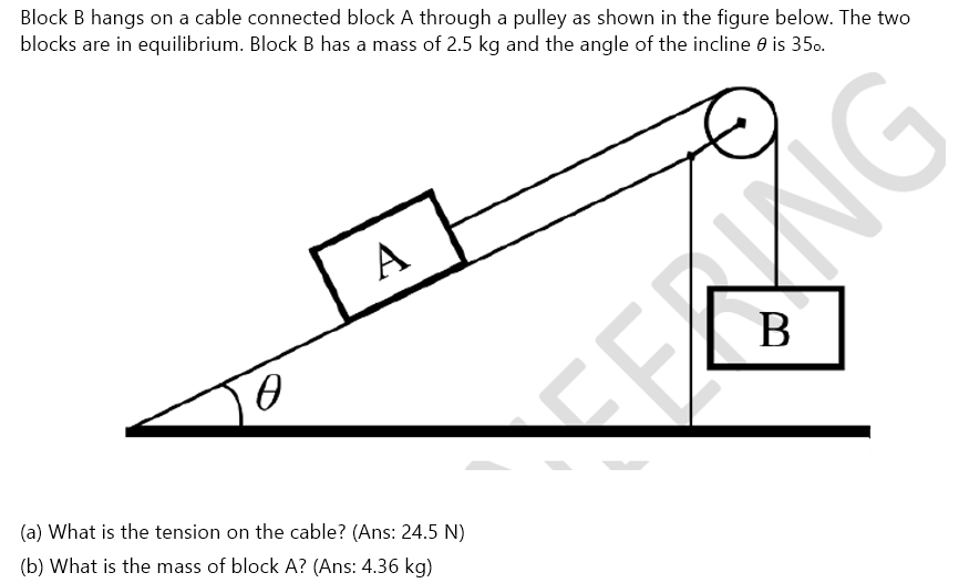 Block B hangs on a cable connected block A through a pulley as shown in the figure below. The two
blocks are in equilibrium. Block B has a mass of 2.5 kg and the angle of the incline 0 is 35.
A
NG
B
(a) What is the tension on the cable? (Ans: 24.5 N)
(b) What is the mass of block A? (Ans: 4.36 kg)

