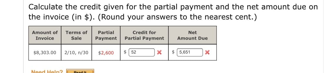 Calculate the credit given for the partial payment and the net amount due on
the invoice (in $). (Round your answers to the nearest cent.)
Amount of
Terms of
Partial
Credit for
Net
Invoice
Sale
Payment
Partial Payment
Amount Due
$8,303.00
2/10, n/30
$2,600
$ 52
$ 5,651
Need Heln?
Read It
