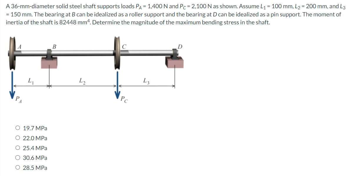 A 36-mm-diameter solid steel shaft supports loads PA = 1,400 N and Pc = 2,100 N as shown. Assume L₁ = 100 mm, L₂ = 200 mm, and L3
= 150 mm. The bearing at B can be idealized as a roller support and the bearing at D can be idealized as a pin support. The moment of
inertia of the shaft is 82448 mm4. Determine the magnitude of the maximum bending stress in the shaft.
O 19.7 MPa
O 22.0 MPa
O 25.4 MPa
O 30.6 MPa
O 28.5 MPa
B
L2
Pc
L3