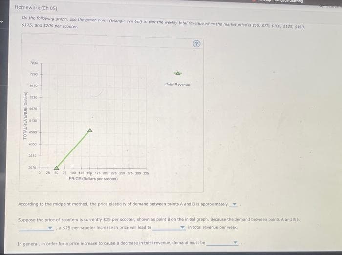 Homework (Ch 05)
On the following graph, use the green point (triangle symbol) to plot the weekly total revenue when the market price is $50, $75, $100, $125, $150,
$175, and $200 per scooter.
TOTAL REVENUE (Dollars)
7830
7290
6750
8210
5670
5130
4590
4050
3510
2970
0 25 50 75 100 125 150 175 200 225 250 275 300 325
PRICE (Dollars per scooter)
Total Revenue
gage Learning
According to the midpoint method, the price elasticity of demand between points A and B is approximately
Suppose the price of scooters is currently $25 per scooter, shown as point B on the initial graph. Because the demand between points A and B is
a $25-per-scooter increase in price will lead to
in total revenue per week.
In general, in order for a price increase to cause a decrease in total revenue, demand must be