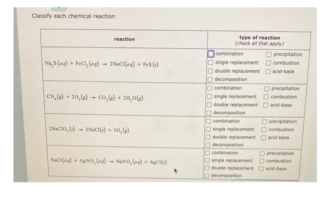 Classify each chemical reaction:
reaction
Na₂S (aq) + FeCl₂ (aq) → 2NaCl(aq) + FeS (s)
CH₂(g) +20₂(g) → CO₂(g) + 2H₂O(g)
2NaCIO, (s) 2NaCl(s) + 30₂ (g)
1
NaCl(aq) + AgNO, (aq) - NaNO, (aq) + AgCl(s)
1
type of reaction
(check all that apply)
combination
single replacement
double replacement
decomposition
combination
single replacement
double replacement
Odecomposition
combination
single replacement
Odouble replacement
decomposition
combination
single replacement
Odouble replacement
decomposition
precipitation
combustion
acid-base
precipitation
combustion
acid-base
Oprecipitation
combustion
acid-base
precipitation
combustion
acid-base