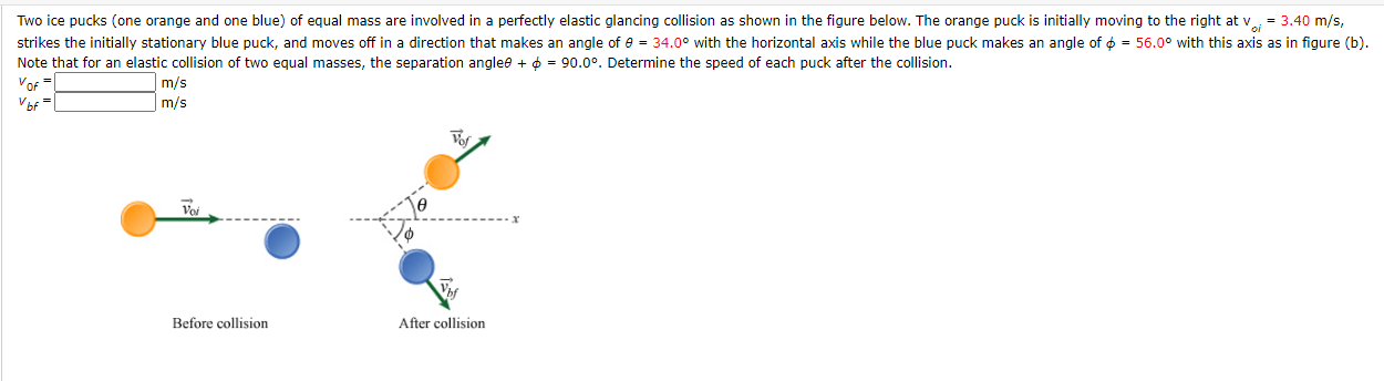 Two ice pucks (one orange and one blue) of equal mass are involved in a perfectly elastic glancing collision as shown in the figure below. The orange puck is initially moving to the right at v
strikes the initially stationary blue puck, and moves off in a direction that makes an angle of e = 34.0° with the horizontal axis while the blue puck makes an angle of o = 56.0° with this axis as in figure (b).
Note that for an elastic collision of two equal masses, the separation anglee + o = 90.0°. Determine the speed of each puck after the collision.
= 3.40 m/s,
m/s
Vof
Vbf
m/s
Voi
Before collision
After collision
