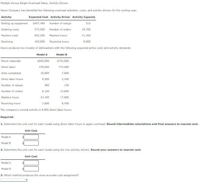 Multiple Versus Single Overhead Rates, Activity Drivers
Deoro Company has identified the following overhead activities, costs, and activity drivers for the coming year:
Activity
Expected Cost Activity Driver Activity Capacity
Setting up equipment
Ordering costs
Machine costs
Direct materials
Direct labor
Units completed
Direct labor hours
Number of setups
Number of orders
Machine hours
Machine hours
Receiving
Receiving hours
Deoro produces two models of dishwashers with the following expected prime costs and activity demands:
Model A
Model B
$754,000
473,000
7,800
2,400
Receiving hours
Model A
$407,490
374,000
952,200
6,500
360
6,100
12,600
24,400
17,000
2,600
6,400
The company's normal activity is 8,900 direct labor hours.
Model B
405,000
Model A
$593,000
478,000
Model B
Number of setups
Number of orders
16,800
Required:
1. Determine the unit cost for each model using direct labor hours to apply overhead. Round intermediate calculations and final answers to nearest cent.
Unit Cost
150
510
18,700
41,400
9,000
2. Determine the unit cost for each model using the four activity drivers. Round your answers to nearest cent.
Unit Cost
3. Which method produces the more accurate cost assignment?