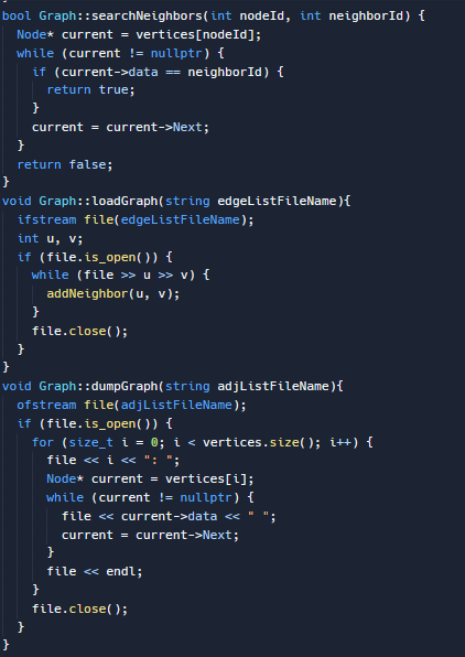 bool Graph::searchNeighbors (int nodeId, int neighborId) {
Node* current = vertices[nodeId];
while (current != nullptr) {
if (current->data == neighborId) {
return true;
current = current->next;
}
}
}
return false;
void Graph::loadGraph(string edgeListFileName){
ifstream file(edgeListFileName);
int u, v;
if (file.is_open()) {
while (file >> u » v) {
addNeighbor (u, v);
file.close();
}
}
}
void Graph::dumpGraph(string adj ListFileName) {
ofstream file(adj ListFileName);
if (file.is_open() ) {
for (size_t i = 0; i < vertices.size(); i++) {
file << i << ": ";
Node* current = vertices[i];
while (current != nullptr) {
}
file << current->data << " ";
current = current->Next;
file << endl;
}
file.close();
}
}