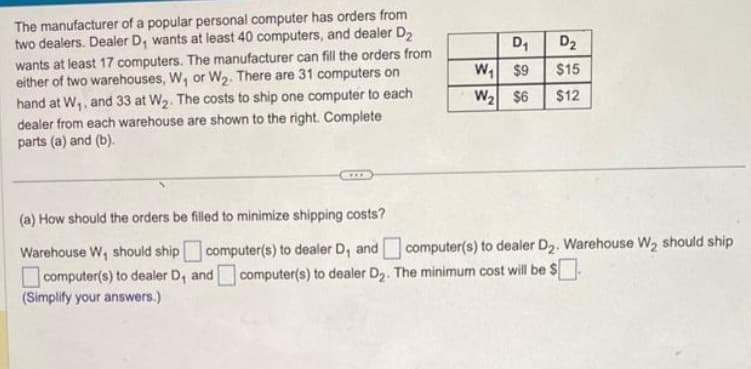 The manufacturer of a popular personal computer has orders from
two dealers. Dealer D, wants at least 40 computers, and dealer D₂
wants at least 17 computers. The manufacturer can fill the orders from
either of two warehouses, W₁ or W₂. There are 31 computers on
hand at W₁, and 33 at W₂. The costs to ship one computer to each
dealer from each warehouse are shown to the right. Complete
parts (a) and (b).
D₁ D₂
$15
$12
W₁ $9
W₂ $6
(a) How should the orders be filled to minimize shipping costs?
Warehouse W₁ should ship computer(s) to dealer D, and
computer(s) to dealer D, and computer(s) to dealer D₂. The minimum cost will be $
(Simplify your answers.)
computer(s) to dealer D₂. Warehouse W₂ should ship