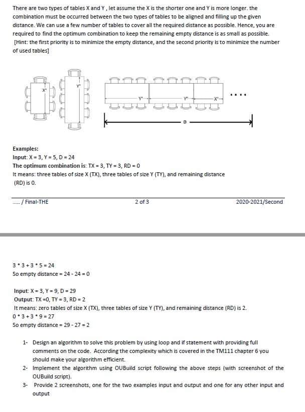 There are two types of tables X and Y, let assume the X is the shorter one and Y is more longer. the
combination must be occurred between the two types of tables to be aligned and filling up the given
distance. We can use a few number of tables to cover all the required distance as possible. Hence, you are
required to find the optimum combination to keep the remaining empty distance is as small as possible.
[Hint: the first priority is to minimize the empty distance, and the second priority is to minimize the number
of used tables]
00
....
Examples:
Input: X= 3, Y = 5, D = 24
The optimum combination is: TX = 3, TY = 3, RD = 0
It means: three tables of size X (TX), three tables of size Y (TY), and remaining distance
(RD) is 0.
/ Final-THE
2 of 3
2020-2021/Second
3* 3+3*5 = 24
So empty distance = 24 - 24 = 0
Input: X= 3, Y= 9, D = 29
Output: TX =0, TY = 3, RD = 2
It means: zero tables of size X (TX), three tables of size Y (TY), and remaining distance (RD) is 2.
0*3+3*9 = 27
So empty distance = 29 - 27 = 2
1- Design an algorithm to solve this problem by using loop and if statement with providing full
comments on the code. According the complexity which is covered in the TM111 chapter 6 you
should make your algorithm efficient.
2- Implement the algorithm using OUBuild script following the above steps (with screenshot of the
OUuild script).
3- Provide 2 screenshots, one for the two examples input and output and one for any other input and
output
