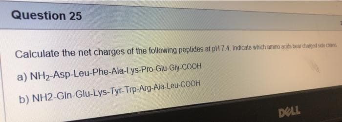 Question 25
Calculate the net charges of the following peptides at pH 7.4. Indicate which amino acids bear chuarged side chans
a) NH2-Asp-Leu-Phe-Ala-Lys-Pro-Glu-Gly-COOH
b) NH2-GIn-Glu-Lys-Tyr-Trp-Arg-Ala-Leu-COOH
DELL
