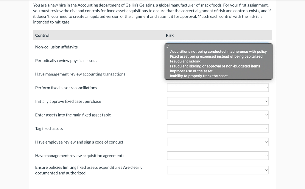 You are a new hire in the Accounting department of Gellin's Gelatins, a global manufacturer of snack foods. For your first assignment,
you must review the risk and controls for fixed asset acquisitions to ensure that the correct alignment of risk and controls exists, and if
it doesn't, you need to create an updated version of the alignment and submit it for approval. Match each control with the risk it is
intended to mitigate.
Control
Non-collusion affidavits
Periodically review physical assets
Have management review accounting transactions
Perform fixed asset reconciliations
Initially approve fixed asset purchase
Enter assets into the main fixed asset table
Tag fixed assets
Have employee review and sign a code of conduct
Have management review acquisition agreements
Ensure policies limiting fixed assets expenditures Are clearly
documented and authorized
Risk
Acquisitions not being conducted in adherence with policy
Fixed asset being expensed instead of being capitalized
Fraudulent bidding
Fraudulent bidding or approval of non-budgeted items
Improper use of the asset
Inability to properly track the asset