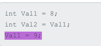 int Vall = 8;
int Val2 = Vall;
Vall
9;
