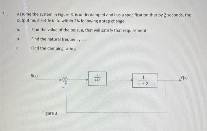 3.
Assume the system in Figure 3 is underdamped and has a specification that by 2 seconds, the
output must settle in to within 2% following a step change.
Find the value of the pole, a, that will satisfy that requirement.
Find the natural frequency wn.
Find the damping ratio .
a.
b.
C.
R(S)
Figure 3
sta
s+2
Y(s)