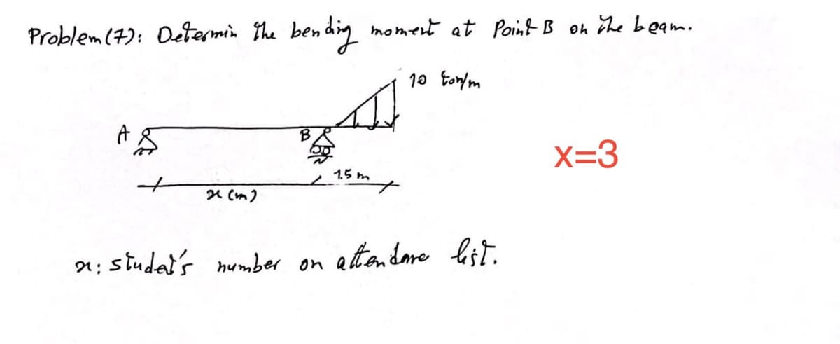 Problem (7): Determin the bending moment at Point B on the beam.
10 ton/m
AS
2 (m)
1.5m
2: student's number on attendare list.
x:
x=3