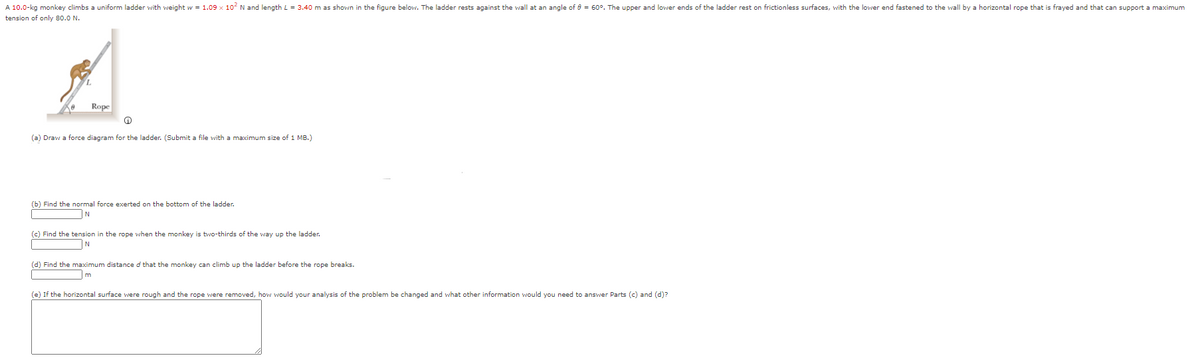 A 10.0-kg monkey climbs a uniform ladder with weight w = 1.09 x 10 N and length L = 3.40 m as shown in the figure below. The ladder rests against the wall at an angle of 6 = 60°. The upper and lower ends of the ladder rest on frictionless surfaces, with the lower end fastened to the wall by a horizontal rope that is frayed and that can support a maximum
tension of only 80.0 N.
Rope
(a) Draw a force diagram for the ladder. (Submit a file with a maximum size of 1 MB.)
(b) Find the normal force exerted on the bottom of the ladder.
N
(c) Find the tension in the rope when the monkey is two-thirds of the way up the ladder.
N
(d) Find the maximum distance
that the monkey can climb up the ladder before the rope breaks.
m
(e) If the horizontal surface were rough and the rope were removed, how would your analysis of the problem be changed and what other information would you need to answer Parts (c) and (d)?
