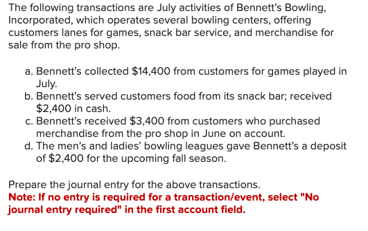 The following transactions are July activities of Bennett's Bowling,
Incorporated, which operates several bowling centers, offering
customers lanes for games, snack bar service, and merchandise for
sale from the pro shop.
a. Bennett's collected $14,400 from customers for games played in
July.
b. Bennett's served customers food from its snack bar; received
$2,400 in cash.
c. Bennett's received $3,400 from customers who purchased
merchandise from the pro shop in June on account.
d. The men's and ladies' bowling leagues gave Bennett's a deposit
of $2,400 for the upcoming fall season.
Prepare the journal entry for the above transactions.
Note: If no entry is required for a transaction/event, select "No
journal entry required" in the first account field.