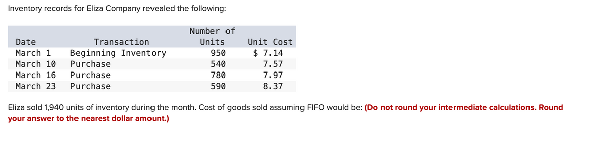 Inventory records for Eliza Company revealed the following:
Number of
Date
Transaction
Units
Unit Cost
March 1 Beginning Inventory
950
$ 7.14
March 10
Purchase
540
7.57
March 16
March 23
Purchase
Purchase
780
7.97
590
8.37
Eliza sold 1,940 units of inventory during the month. Cost of goods sold assuming FIFO would be: (Do not round your intermediate calculations. Round
your answer to the nearest dollar amount.)