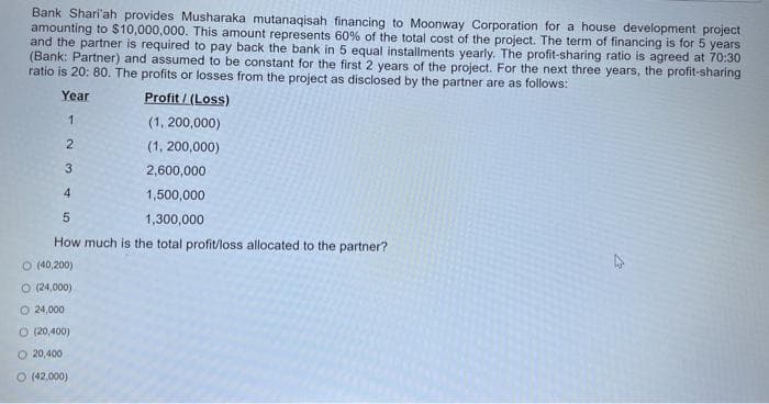 Bank Shari'ah provides Musharaka mutanaqisah financing to Moonway Corporation for a house development project
amounting to $10,000,000. This amount represents 60% of the total cost of the project. The term of financing is for 5 years
and the partner is required to pay back the bank in 5 equal installments yearly. The profit-sharing ratio is agreed at 70:30
(Bank: Partner) and assumed to be constant for the first 2 years of the project. For the next three years, the profit-sharing
ratio is 20: 80. The profits or losses from the project as disclosed by the partner are as follows:
Year
Profit/(Loss)
(1, 200,000)
1
2
(1, 200,000)
3
2,600,000
1,500,000
5
1,300,000
How much is the total profit/loss allocated to the partner?
Ⓒ (40,200)
O (24,000)
24,000
O (20,400)
20,400
O (42,000)
4