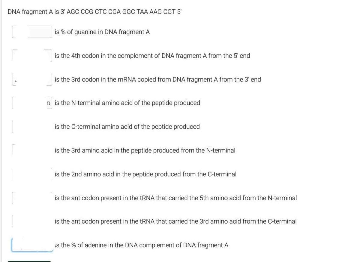 DNA fragment A is 3' AGC CCG CTC CGA GGC TAA AAG CGT 5'
is % of guanine in DNA fragment A
is the 4th codon in the complement of DNA fragment A from the 5' end
is the 3rd codon in the mRNA copied from DNA fragment A from the 3' end
re is the N-terminal amino acid of the peptide produced
is the C-terminal amino acid of the peptide produced
is the 3rd amino acid in the peptide produced from the N-terminal
is the 2nd amino acid in the peptide produced from the C-terminal
is the anticodon present in the tRNA that carried the 5th amino acid from the N-terminal
is the anticodon present in the tRNA that carried the 3rd amino acid from the C-terminal
is the % of adenine in the DNA complement of DNA fragment A
