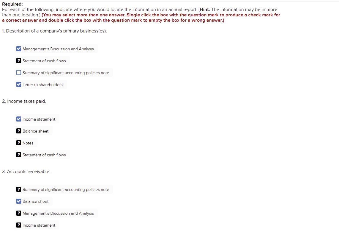 Required:
For each of the following, indicate where you would locate the information in an annual report. (Hint: The information may be in more
than one location.) (You may select more than one answer. Single click the box with the question mark to produce a check mark for
a correct answer and double click the box with the question mark to empty the box for a wrong answer.)
1. Description of a company's primary business(es).
V Management's Discussion and Analysis
? Statement of cash flows
O Summary of significant accounting policies note
V Letter to shareholders
2. Income taxes paid.
V Income statement
? Balance sheet
? Notes
? Statement of cash flows
3. Accounts receivable.
2 Summary of significant accounting policies note
V Balance sheet
2 Management's Discussion and Analysis
? Income statement
