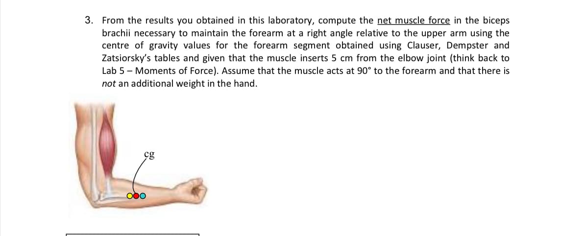 3. From the results you obtained in this laboratory, compute the net muscle force in the biceps
brachii necessary to maintain the forearm at a right angle relative to the upper arm using the
centre of gravity values for the forearm segment obtained using Clauser, Dempster and
Zatsiorsky's tables and given that the muscle inserts 5 cm from the elbow joint (think back to
Lab 5 - Moments of Force). Assume that the muscle acts at 90° to the forearm and that there is
not an additional weight in the hand.
cg