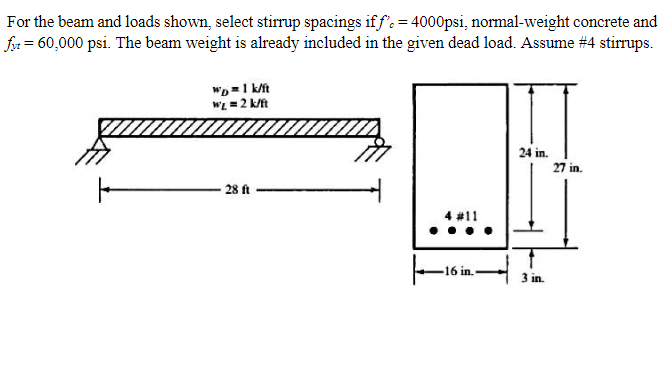 For the beam and loads shown, select stirrup spacings if f'e = 4000psi, normal-weight concrete and
for = 60,000 psi. The beam weight is already included in the given dead load. Assume #4 stirrups.
WL = 2 k/ft
24 in.
27 in.
28 ft
-16 in.
3 in.
