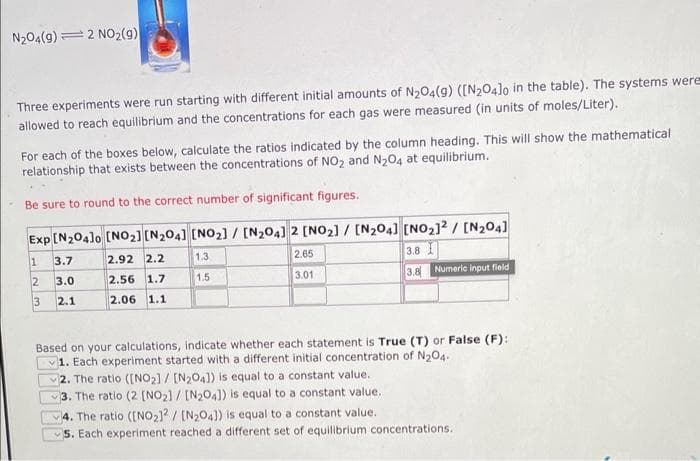 N₂04(9) 2 NO₂(g)
Three experiments were run starting with different initial amounts of N₂04(9) ([N₂04]o in the table). The systems were
allowed to reach equilibrium and the concentrations for each gas were measured (in units of moles/Liter).
For each of the boxes below, calculate the ratios indicated by the column heading. This will show the mathematical
relationship that exists between the concentrations of NO₂ and N₂O4 at equilibrium.
Be sure to round to the correct number of significant figures.
Exp [N₂04]0 [NO₂] [N₂04] [NO₂] / [N₂04] 2 [NO₂] / [N204] [NO₂]2/[N₂04]
1
1.3
2.65
2.92 2.2
2.56 1.7
2
1.5
3.01
2.06 1.1
3
3.7
3.0
2.1
3.8
3.8 Numeric input field
Based on your calculations, indicate whether each statement is True (T) or False (F):
1. Each experiment started with a different initial concentration of N₂O4.
2. The ratio ([NO2] / [N₂04]) is equal to a constant value.
3. The ratio (2 [NO₂] / [N₂O4]) is equal to a constant value.
4. The ratio ([NO₂]2/[N₂04]) is equal to a constant value.
5. Each experiment reached a different set of equilibrium concentrations.