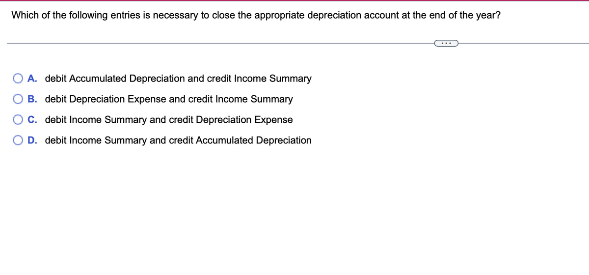 Which of the following entries is necessary to close the appropriate depreciation account at the end of the year?
A. debit Accumulated Depreciation and credit Income Summary
B. debit Depreciation Expense and credit Income Summary
C. debit Income Summary and credit Depreciation Expense
○ D. debit Income Summary and credit Accumulated Depreciation