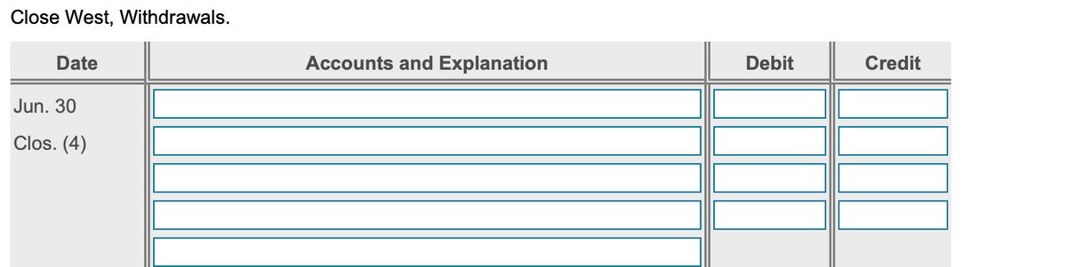 Close West, Withdrawals.
Date
Jun. 30
Clos. (4)
Accounts and Explanation
Debit
Credit