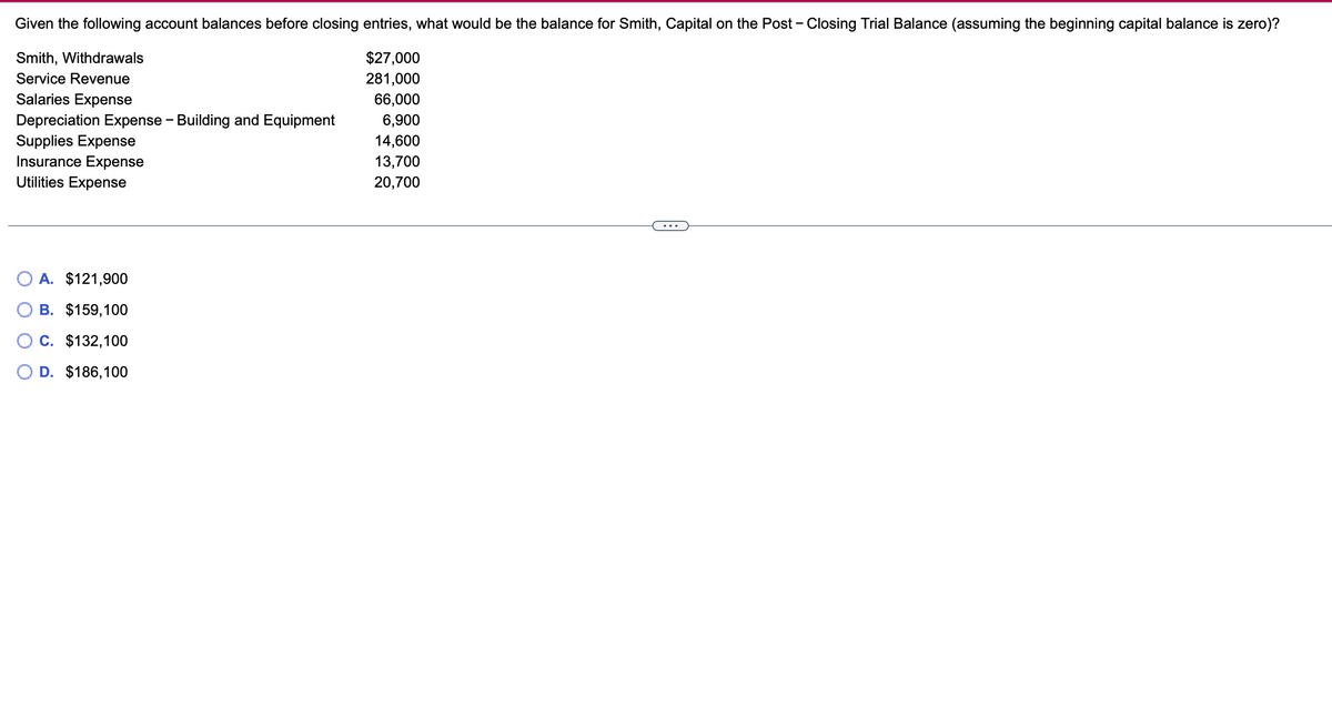 Given the following account balances before closing entries, what would be the balance for Smith, Capital on the Post - Closing Trial Balance (assuming the beginning capital balance is zero)?
Smith, Withdrawals
$27,000
Service Revenue
281,000
Salaries Expense
66,000
Depreciation Expense - Building and Equipment
6,900
Supplies Expense
14,600
Insurance Expense
13,700
Utilities Expense
20,700
A. $121,900
B. $159,100
C. $132,100
D. $186,100