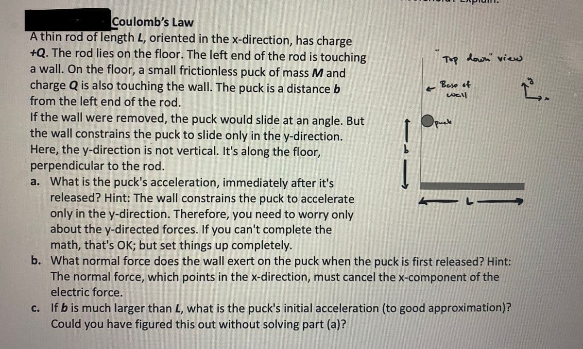 Coulomb's Law
A thin rod of length L, oriented in the x-direction, has charge
+Q. The rod lies on the floor. The left end of the rod is touching
a wall. On the floor, a small frictionless puck of mass M and
charge Q is also touching the wall. The puck is a distance b
from the left end of the rod.
If the wall were removed, the puck would slide at an angle. But
the wall constrains the puck to slide only in the y-direction.
Here, the y-direction is not vertical. It's along the floor,
perpendicular to the rod.
a. What is the puck's acceleration, immediately after it's
released? Hint: The wall constrains the puck to accelerate
only in the y-direction. Therefore, you need to worry only
about the y-directed forces. If you can't complete the
math, that's OK; but set things up completely.
Top down view
Base of
wall
Puck
b. What normal force does the wall exert on the puck when the puck is first released? Hint:
The normal force, which points in the x-direction, must cancel the x-component of the
electric force.
C.
If b is much larger than L, what is the puck's initial acceleration (to good approximation)?
Could you have figured this out without solving part (a)?
ட்.