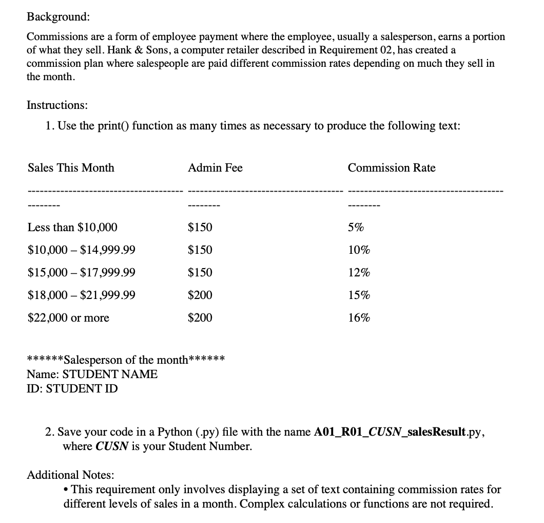 Background:
Commissions are a form of employee payment where the employee, usually a salesperson, earns a portion
of what they sell. Hank & Sons, a computer retailer described in Requirement 02, has created a
commission plan where salespeople are paid different commission rates depending on much they sell in
the month.
Instructions:
1. Use the print() function as many times as necessary to produce the following text:
Sales This Month
Admin Fee
Commission Rate
Less than $10,000
$150
5%
$10,000 – $14,999.99
$150
10%
$15,000 – $17,999.99
$150
12%
$18,000 – $21,999.99
$200
15%
$22,000 or more
$200
16%
******Salesperson of the month******
Name: STUDENT NAME
ID: STUDENT ID
2. Save your code in a Python (.py) file with the name A01_R01_CUSN_salesResult.py,
where CUSN is your Student Number.
Additional Notes:
• This requirement only involves displaying a set of text containing commission rates for
different levels of sales in a month. Complex calculations or functions are not required.
