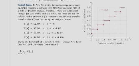 Taxicab fares. In New York City, taxicabs charge passengers
$2.50 for entering a cab and then 50.50 for each one fifth of
a mile (or fruction thereof) traveled. (There are additional
charges for slow traffic and idle times, but these are not con
sidered in this problem. If x represents the distance traveled
in miles, then Cix) is the cost of the taxi fare, where
C(x) = $2.30, if x = 0,
c(s) $1.00,
0<x502,
C(s) = $3.50,
0.2 < x≤ 0.4
c(s) $4.00, d 0.4 < x≤ 0.6.
und so on. The graph of C is shown below, (Source: New York
City Taxi and Limousine Commission.)
lim C(x)
3-0.25
Cost of tasi (in dollars)
3:30
3.00
4.50
400
1.50
100
2.50
&
x-1()
02:04 06 08 10 12
Distance traveled (in miles)