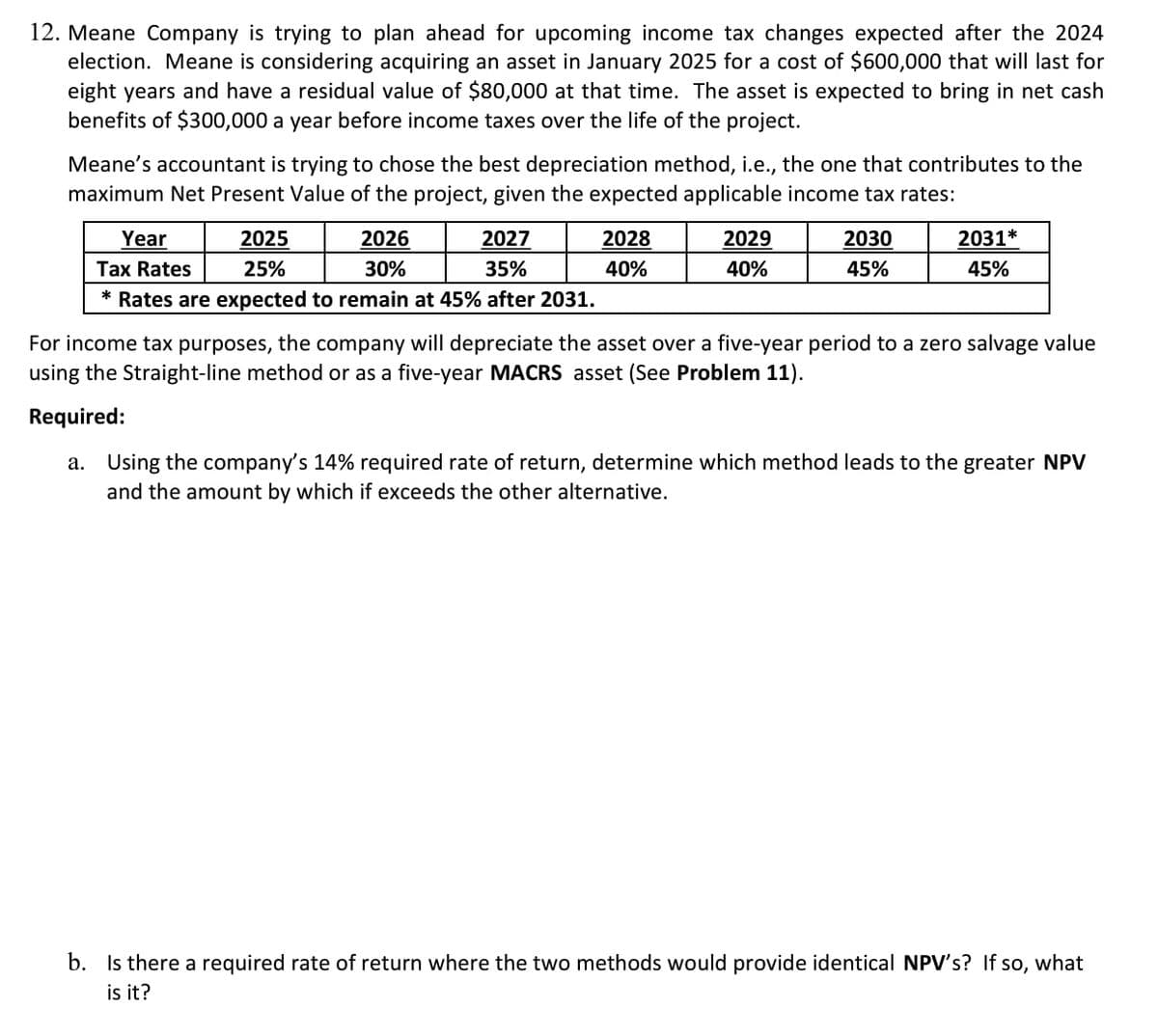 12. Meane Company is trying to plan ahead for upcoming income tax changes expected after the 2024
election. Meane is considering acquiring an asset in January 2025 for a cost of $600,000 that will last for
eight years and have a residual value of $80,000 at that time. The asset is expected to bring in net cash
benefits of $300,000 a year before income taxes over the life of the project.
Meane's accountant is trying to chose the best depreciation method, i.e., the one that contributes to the
maximum Net Present Value of the project, given the expected applicable income tax rates:
Year
Tax Rates
2025
25%
2026
30%
2027
35%
2028
2029
40%
40%
2030
45%
2031*
45%
* Rates are expected to remain at 45% after 2031.
For income tax purposes, the company will depreciate the asset over a five-year period to a zero salvage value
using the Straight-line method or as a five-year MACRS asset (See Problem 11).
Required:
a. Using the company's 14% required rate of return, determine which method leads to the greater NPV
and the amount by which if exceeds the other alternative.
b. Is there a required rate of return where the two methods would provide identical NPV's? If so, what
is it?