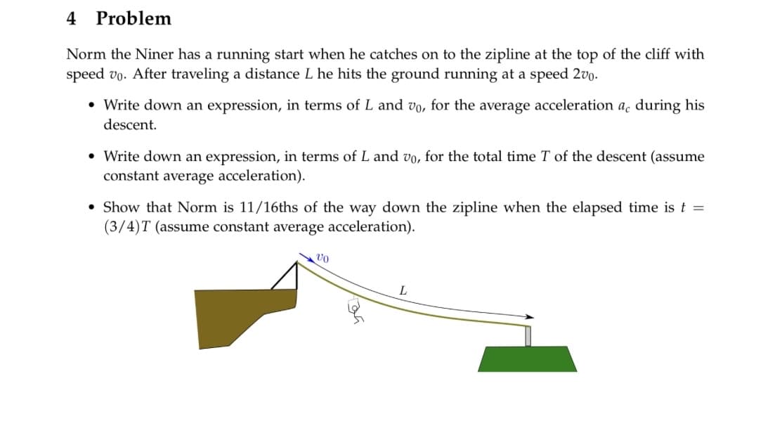 4 Problem
Norm the Niner has a running start when he catches on to the zipline at the top of the cliff with
speed vo. After traveling a distance L he hits the ground running at a speed 200.
• Write down an expression, in terms of L and vo, for the average acceleration a, during his
descent.
• Write down an expression, in terms of L and vo, for the total time T of the descent (assume
constant average acceleration).
• Show that Norm is 11/16ths of the way down the zipline when the elapsed time is t =
(3/4)T (assume constant average acceleration).
Vo
L