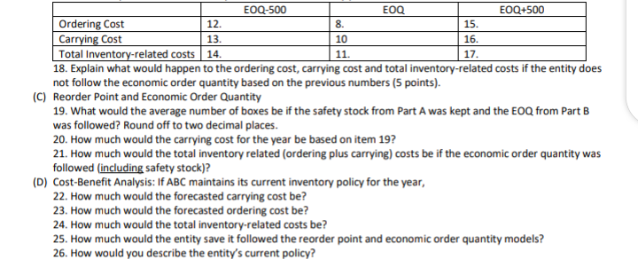 EOQ-500
EOQ
EOQ+500
Ordering Cost
Carrying Cost
Total Inventory-related costs 14.
18. Explain what would happen to the ordering cost, carrying cost and total inventory-related costs if the entity does
not follow the economic order quantity based on the previous numbers (5 points).
(C) Reorder Point and Economic Order Quantity
19. What would the average number of boxes be if the safety stock from Part A was kept and the EOQ from Part B
12.
8.
15.
13.
10
16.
11.
17.
was followed? Round off to two decimal places.
20. How much would the carrying cost for the year be based on item 19?
21. How much would the total inventory related (ordering plus carrying) costs be if the economic order quantity was
followed (including safety stock)?
(D) Cost-Benefit Analysis: If ABC maintains its current inventory policy for the year,
22. How much would the forecasted carrying cost be?
23. How much would the forecasted ordering cost be?
24. How much would the total inventory-related costs be?
25. How much would the entity save it followed the reorder point and economic order quantity models?
26. How would you describe the entity's current policy?

