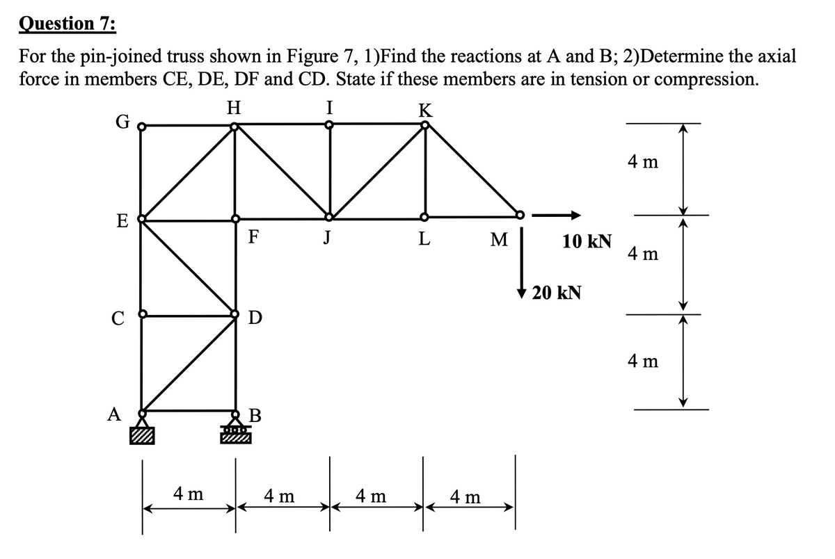 Question 7:
For the pin-joined truss shown in Figure 7, 1)Find the reactions at A and B; 2)Determine the axial
force in members CE, DE, DF and CD. State if these members are in tension or compression.
H
I
K
G
E
C
A
4 m
F
D
B
4 m
J
4 m
L
4 m
M
10 KN
20 kN
4 m
4 m
4 m