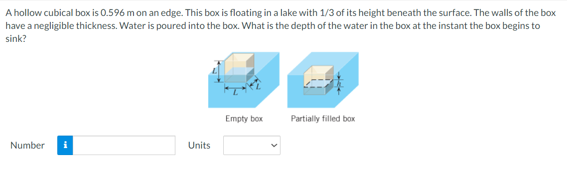 A hollow cubical box is 0.596 m on an edge. This box is floating in a lake with 1/3 of its height beneath the surface. The walls of the box
have a negligible thickness. Water is poured into the box. What is the depth of the water in the box at the instant the box begins to
sink?
Number
i
Units
Empty box
Partially filled box