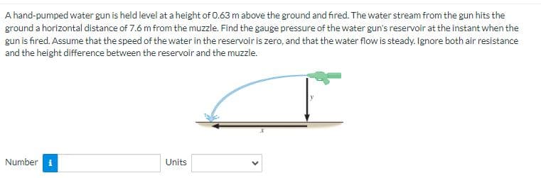 A hand-pumped water gun is held level at a height of 0.63 m above the ground and fired. The water stream from the gun hits the
ground a horizontal distance of 7.6 m from the muzzle. Find the gauge pressure of the water gun's reservoir at the instant when the
gun is fired. Assume that the speed of the water in the reservoir is zero, and that the water flow is steady. Ignore both air resistance
and the height difference between the reservoir and the muzzle.
Number i
Units