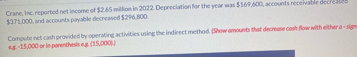Crane, Inc. reported net income of $2.65 million in 2022. Depreciation for the year was $169,600, accounts receivable decreased
$371,000, and accounts payable decreased $296,800.
Compute net cash provided by operating activities using the indirect method. (Show amounts that decrease cash flow with either a - sign
e.g.-15,000 or in parenthesis e.g. (15,000).)