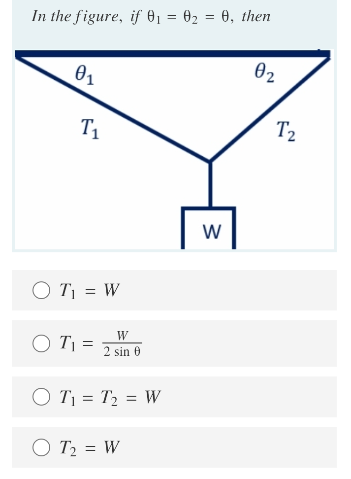 In the figure, if 01 = 02 = 0, then
||
01
02
T1
T2
W
O T = W
W
O T1 =
2 sin 0
O T¡ = T2 = W
O T2 = W
%3D
